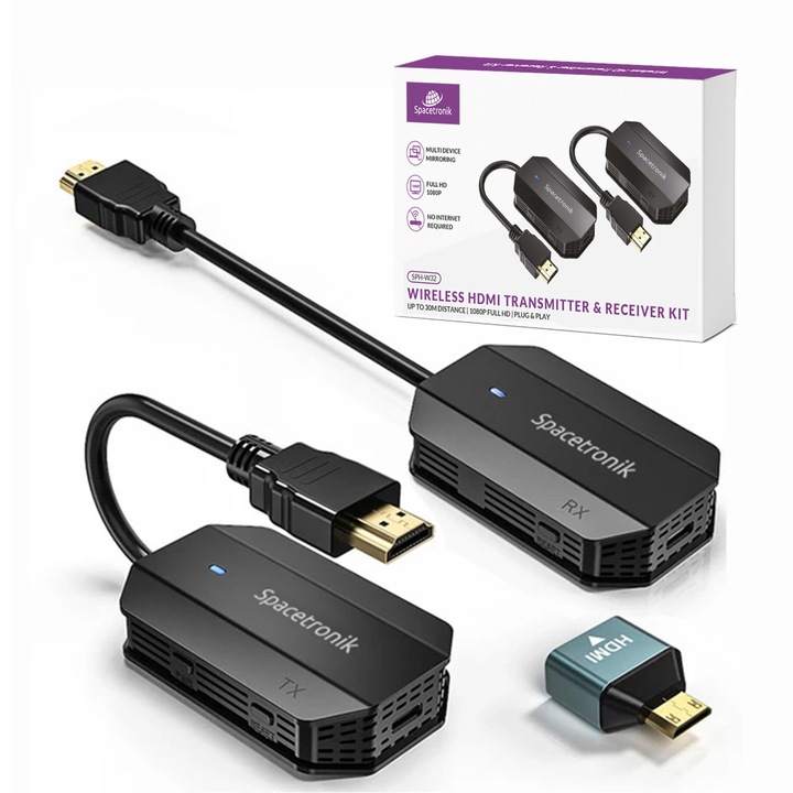 Transmitator HDMI wireless Spacetronik SPH-W32, set cu receptor si cabluri de alimentare, transmisie pana la 30m