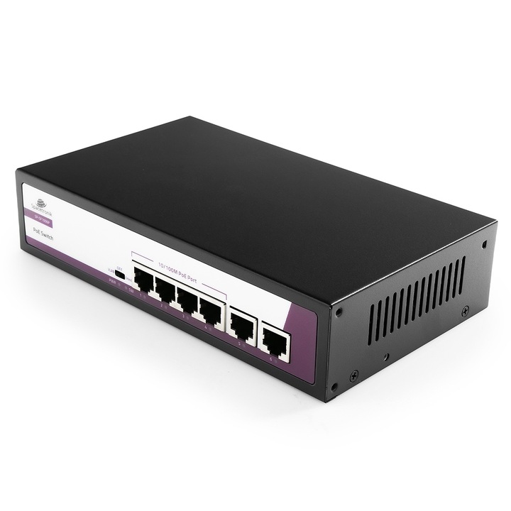 Switch POE Spacetronik 6 porturi 100Mbps 65W, aluminiu, montare pe sina DIN, 4x porturi POE, 2x porturi Uplink