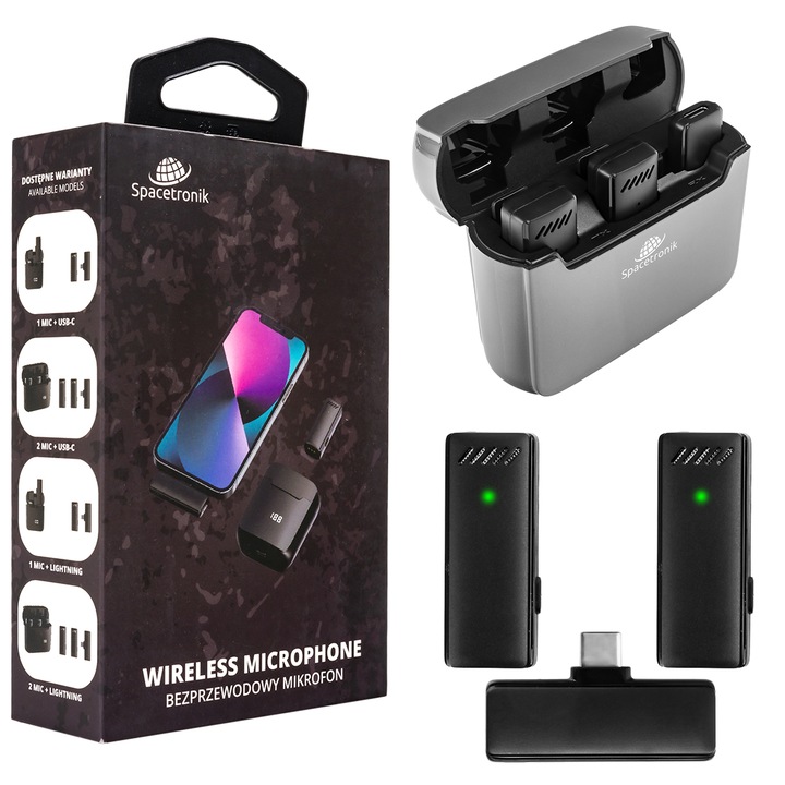 Set 2x Microfoane fara fir SPACETRONIK USB-C, 20m raza, acumulator 6h, negru