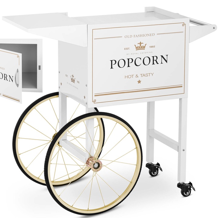 Carucior pentru masina de popcorn cu sertar, Royal Catering, 51x37cm, alb-auriu, stil retro