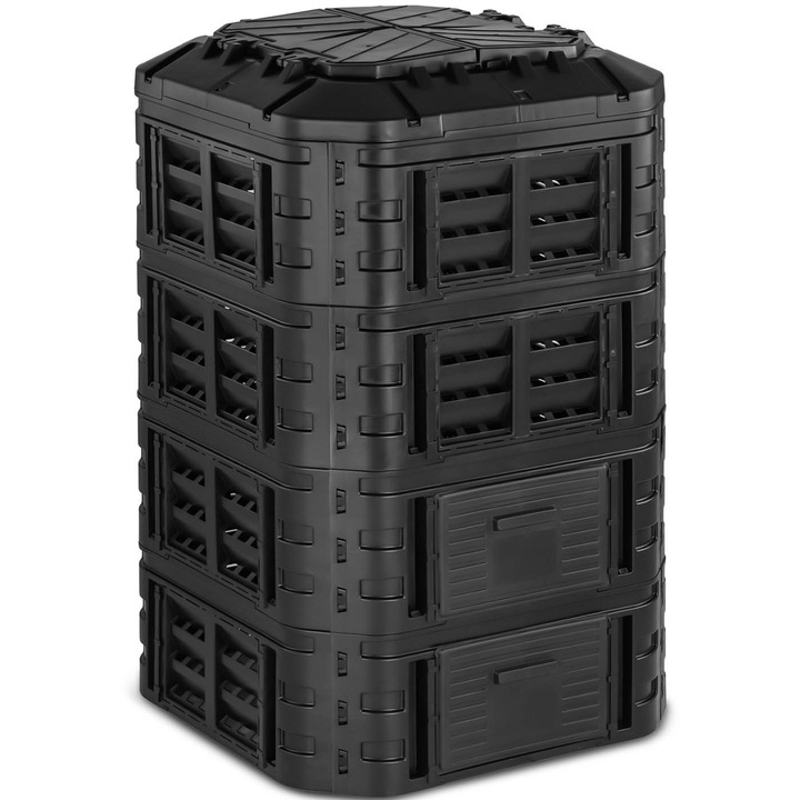 Compostor modular Hillvert, 1120 l, negru, 90x90x145 cm, cu sistem de irigare prin picurare