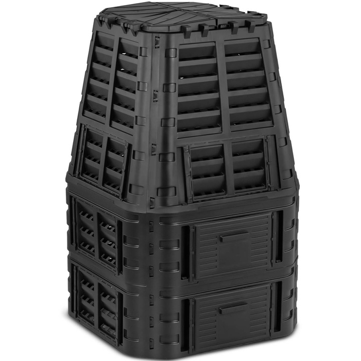 Compostor gradina Hillvert 1000 l, polipropilen, negru, 90x90x145cm, cu sistem de irigare prin picurare