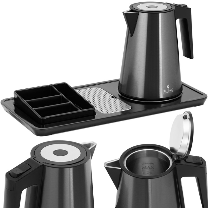 Royal Catering elektromos vízforraló, 1,2 l, 1800 W, rozsdamentes acél, vezeték nélküli, tálcával együtt