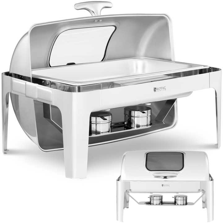 Тава за затопляне на храна Royal Catering, GN 1/1, 8.5 л, неръждаема стомана, с капак RollTop и стъклен прозорец, пълен комплект