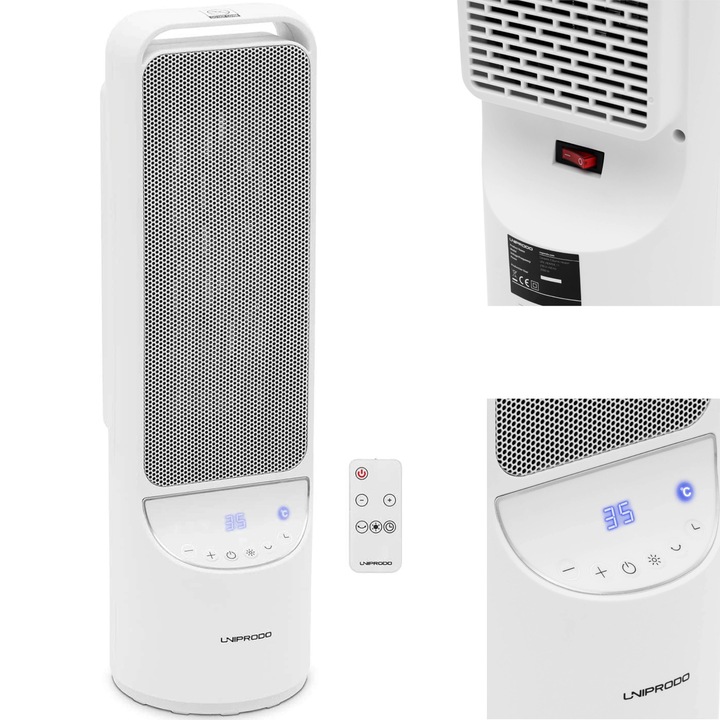 Електрически нагревател Uniprodo, 1200/2000 W, бял, 15x15x51 см, с дистанционно управление и 12-часов таймер