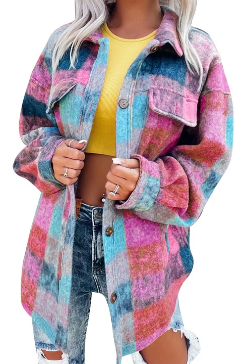 Дамско сако, вълна, каре, джобове, многоцветно