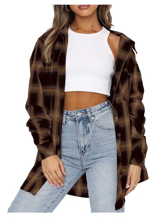 Дамска овърсайз риза, карирана щампа, полиестер, кафяво/черно, M INTL