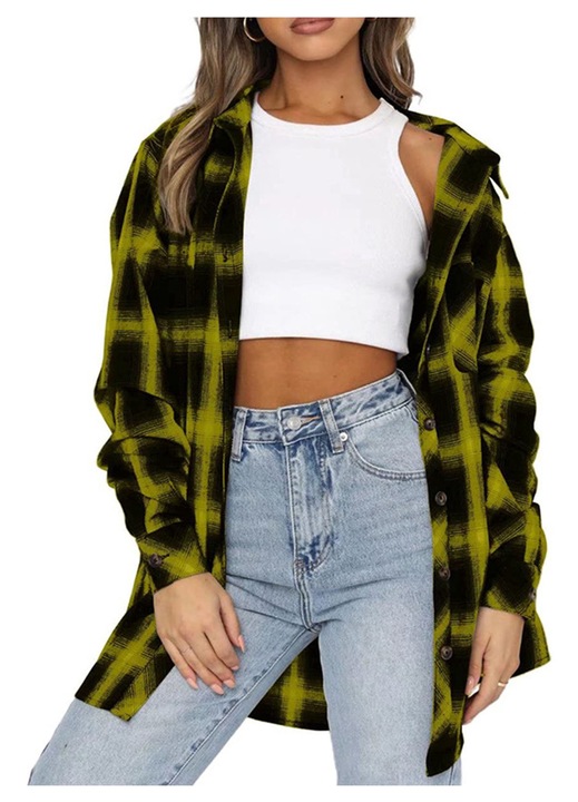 Дамска овърсайз риза, карирана щампа, полиестер, жълто/черно