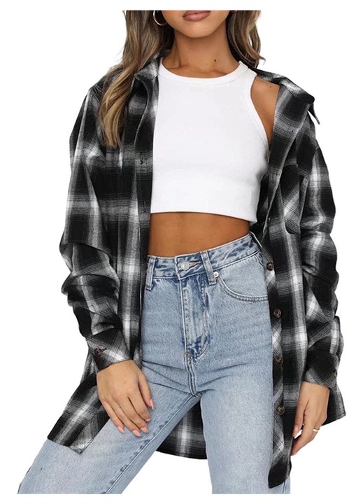 Дамска овърсайз карирана риза, полиестер, черно/бяло