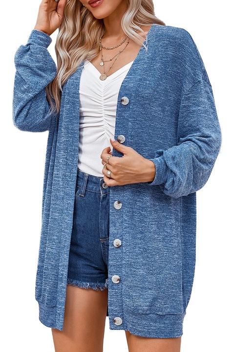 Női kardigán, kék, kötött, V-nyakú, egysoros, menetes mandzsetta, S INTL