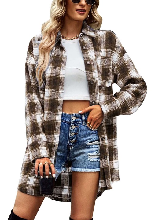 Дамска риза, моден дизайн, дълга, ежедневна, карирана, полиестер