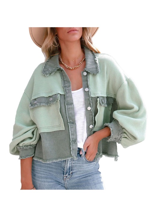 Női kötött kabát, zöld, lufi ujjú, oldalzsebek