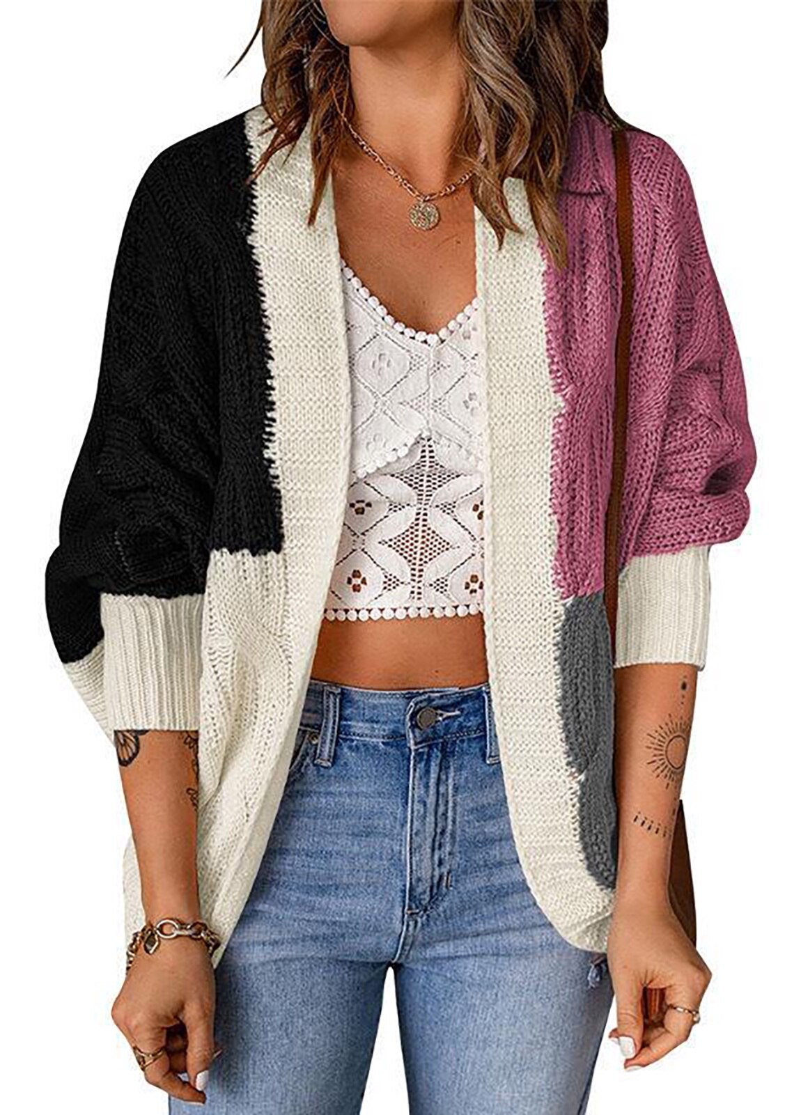 Cardigan pentru dama, design contrastant, tricot, multicolor, S