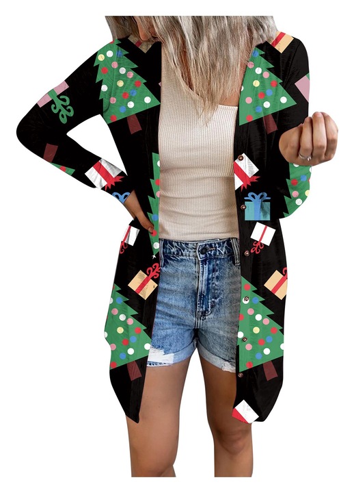 Női alkalmi kardigán, pamut/poliészter, karácsonyi mintás, többszínű