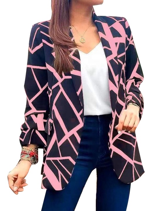 Дамско яке, геометричен принт, прилепнала кройка, полиестер, черно/розово