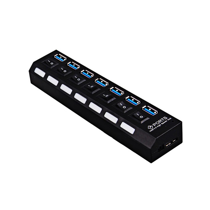 USB хъб със 7 порта 3.0 суич с високоскоростен светодиод и usb кабел, черен