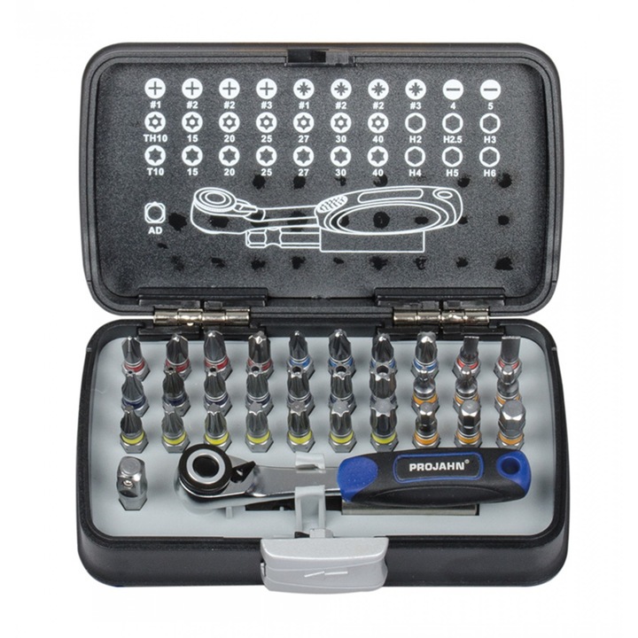 Set de biti 1/4" colorati cu antrenor cu clichet, Projahn