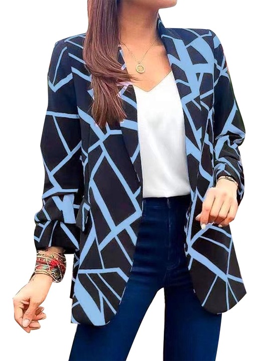 Дамско яке, геометричен принт, slim fit, полиестер, Черен/Син