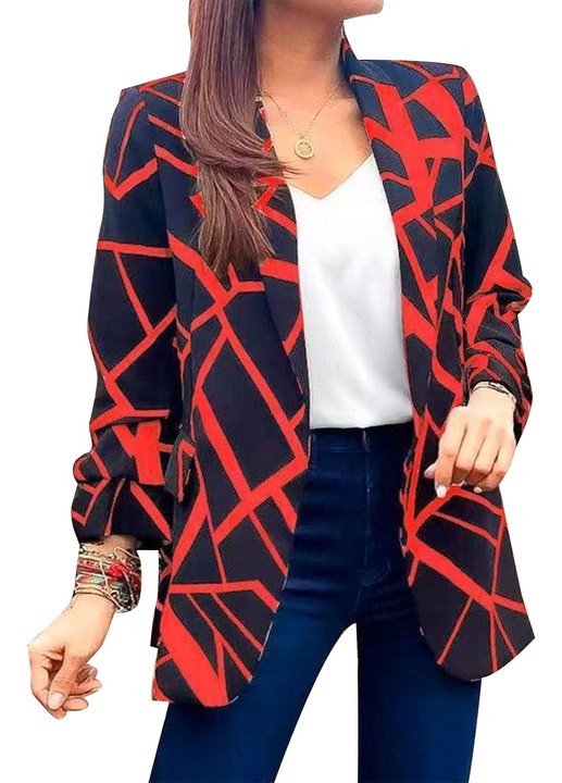 Дамско яке, геометричен принт, прилепнала кройка, полиестер, черно/червено