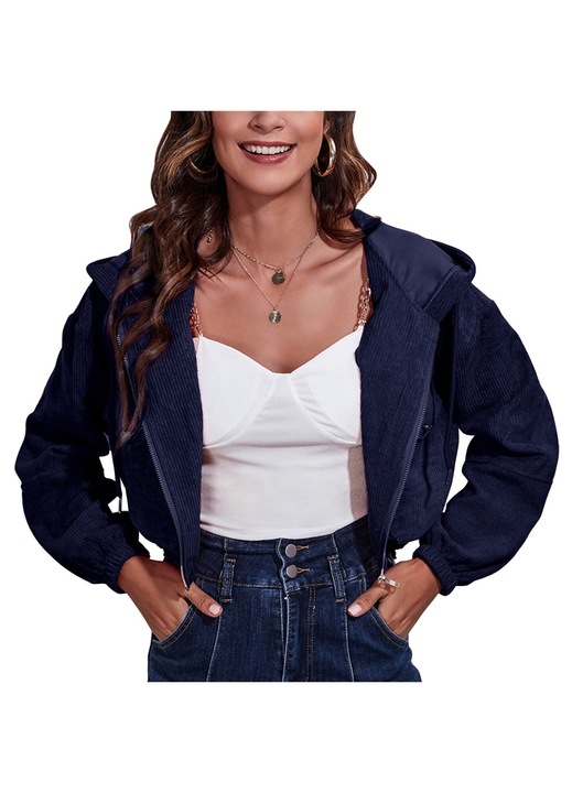 Női bársony kapucnis kabát, cipzárral, sötétkék