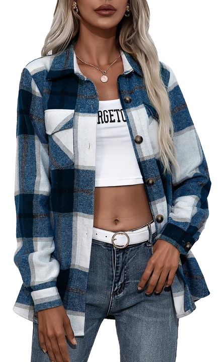 Дамска карирана риза, ежедневна, полиестер, за есен-зима, бяло/синьо