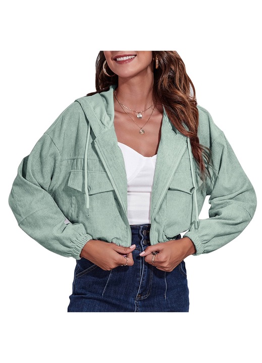 Női kapucnis bársony kabát cipzárral, világoszöld