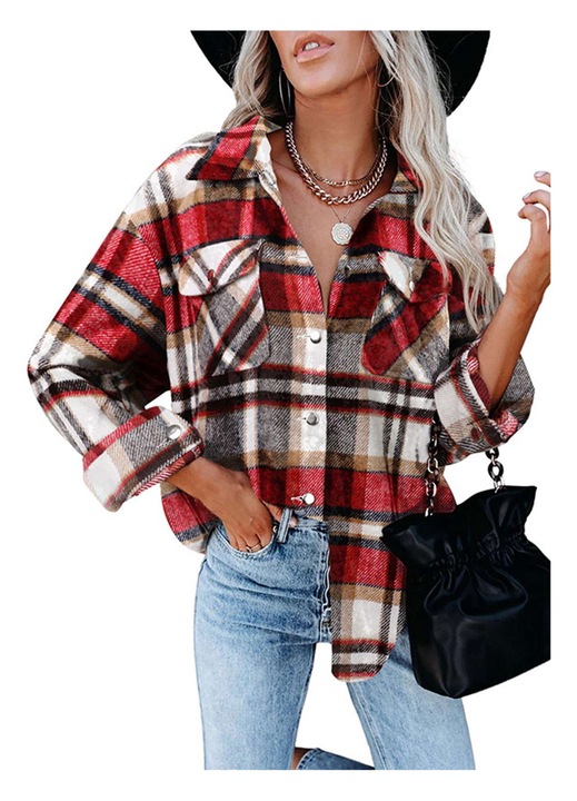 Дамско яке, вълнено, карирано, с джобове, многоцветно