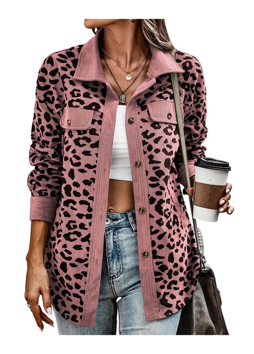 Дамско яке, леопардов принт, полиестер, розово/черно
