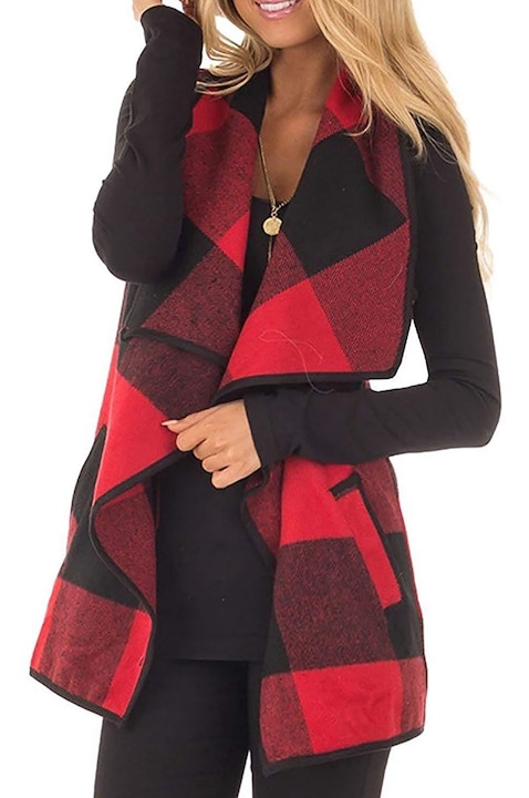 Női kardigán, hajtóka kivitel, kockás mintás, poliészter