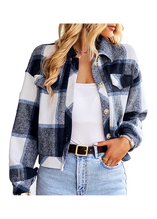 Късо дамско яке на каре, полиестер/полиуретан, бяло/тъмносиньо