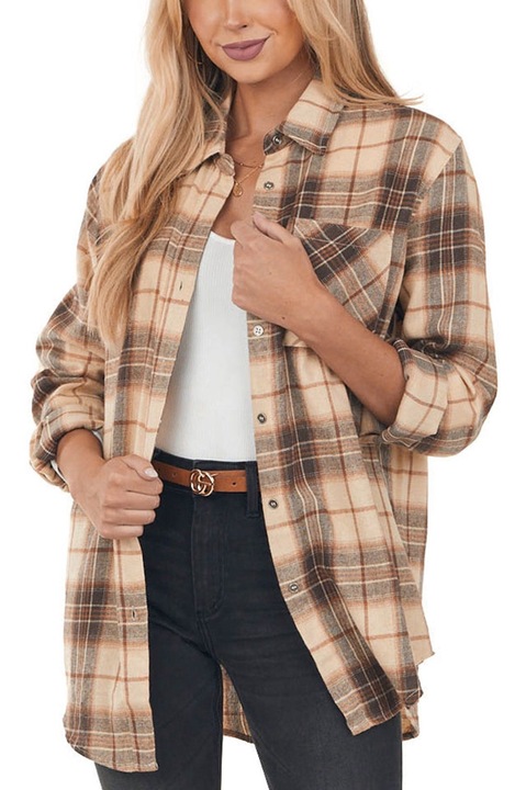 Дамска риза, каре, полиестер, бежово