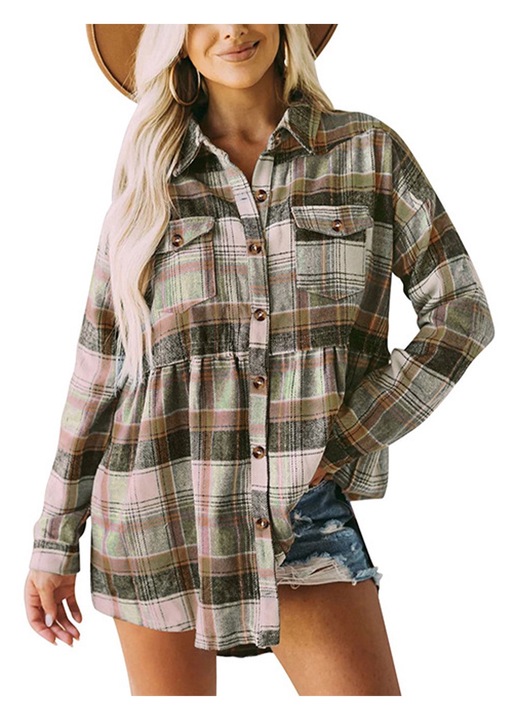 Дълга дамска риза, карирана щампа, полиестер, многоцветна