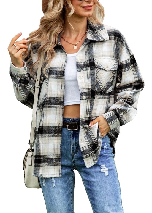 Дамска риза, карирана щампа, джоб на гърдите, полиестер, черно/бяло