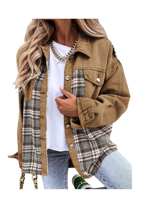 Női farmerdzseki, kockás, 2 mellzseb, bézs