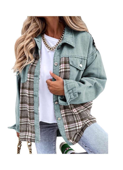 Дамско дънково яке, каре, 2 джоба на гърдите, синьо