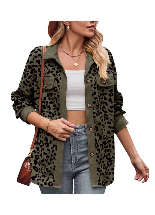 Дамско яке с леопардов принт, полиестер, зелено/черно
