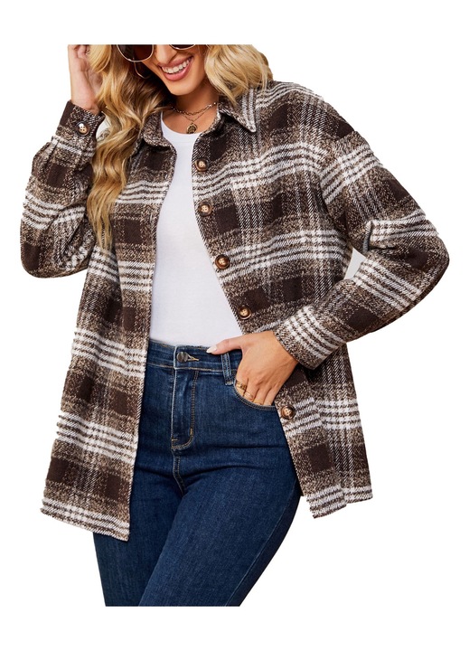 Дамска риза, карирана щампа, с копчета, полиестер, бяло/кафяво