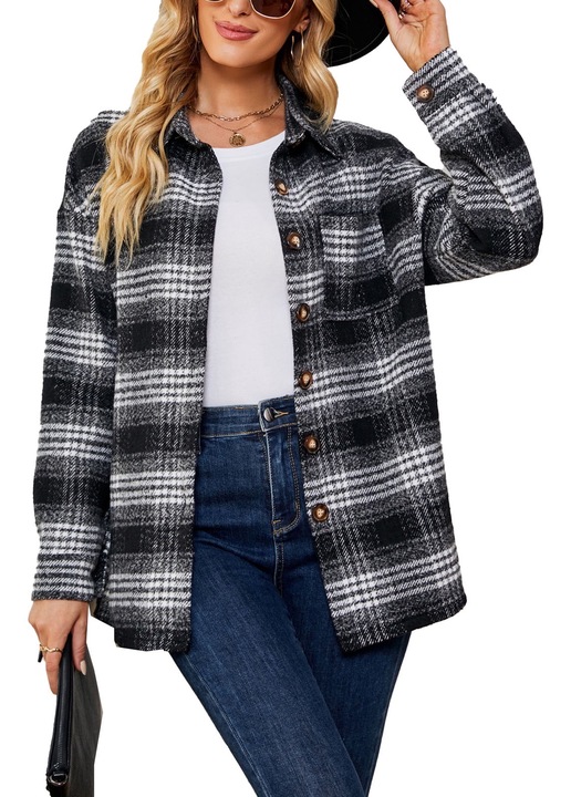 Дамска риза, карирана щампа, с копчета, полиестер, черно/бяло