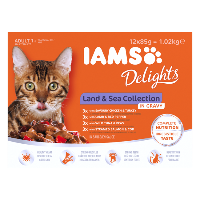 Hrana umeda pentru pisici IAMS Delights Land & Sea, in Aspic, 12x85g