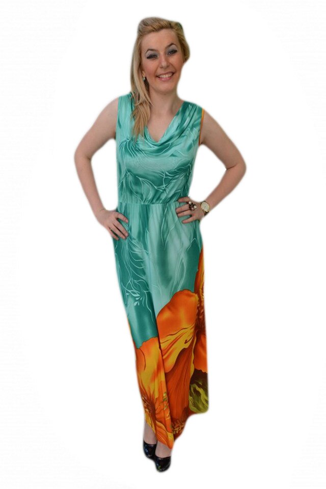 Rochie lunga de vara din material racoros, D&J Exclusive, turcoaz/portocaliu, Turcoaz/Portocaliu