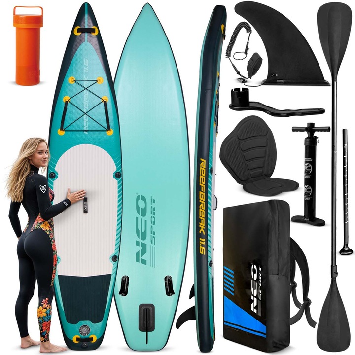 SUP deszka szett Reefbreak, 350x81x15cm, 14kg, tartozékokkal, ülés, pumpa, leash