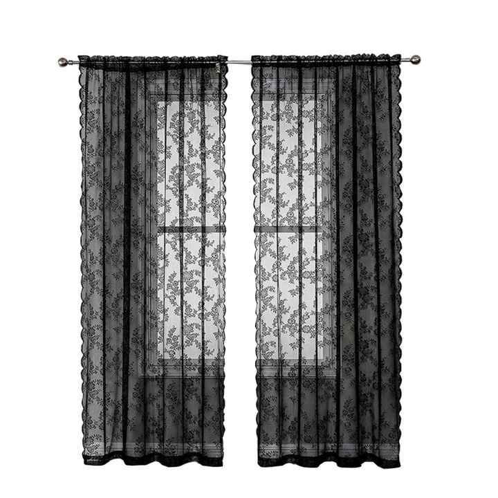 Fekete csipkefüggönyök, vintage, virágmintás, 100x20cm, 2 darabos szett