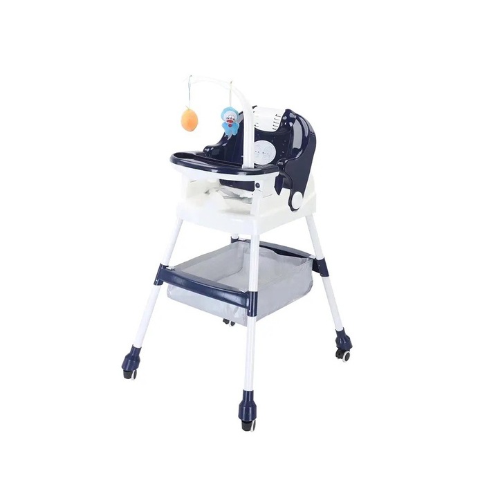 Scaun de Masa Multifunctional, 3 in 1, Comando Kids, Pliabil, cu Centura si Cos de Depozitare, Roti si Suport de Agatat Jucarii, Varsta 1+ Ani, Albastru Inchis