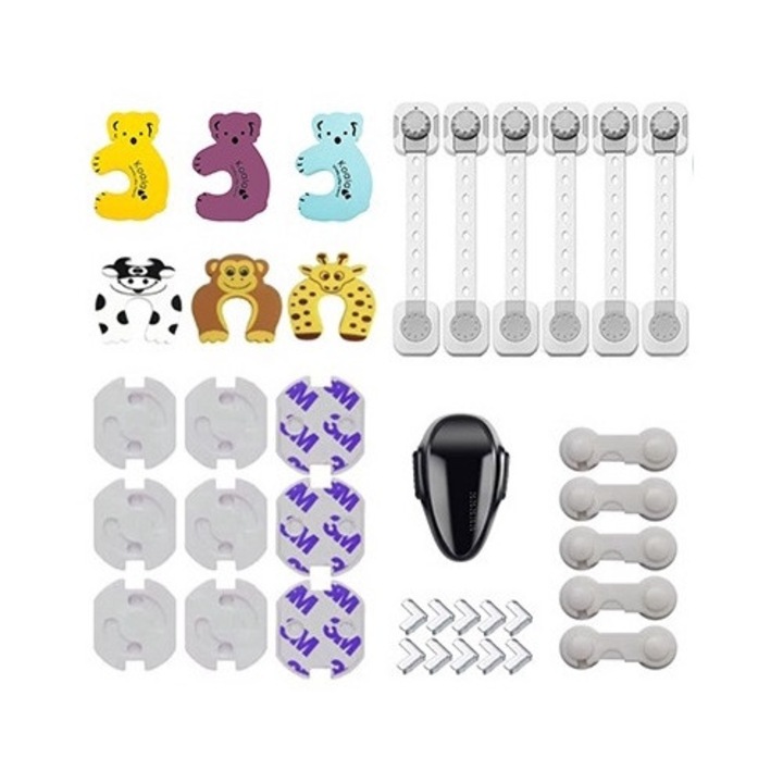 Set Complet Sigurante pentru Copii Winnitude®, 6x Opritoare Usi, 6x Blocatoare Flexibile, 6x Blocatoare Fixe pentru Mobilier, 10x Protectii Colturi, 10x Sigurante Prize, 1x Blocator Cuptor si Masina de Spalat Vase