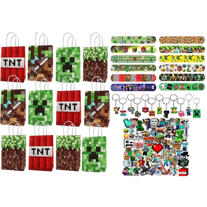 Set de accesorii pentru petrecere Game Themed, 12 persoane, 12 pungi cadou, 12 brelocuri, 50 autocolante, 12 bratari din silicon