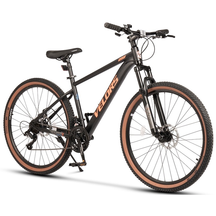 MTB велосипед с 27 "5" колела, предно окачване, последователни лостове, оборудване Index M50/SunRun, дискови спирачки, 21 скорости, черен/оранжев, Velour Boost 27" планински велосипед със стоманена рамка и интегрирани кабели