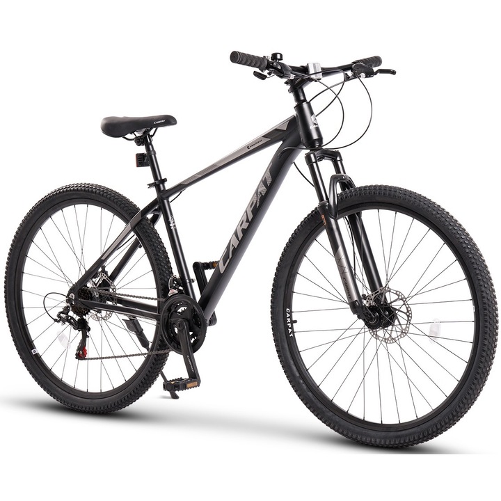 MTB kerékpár 29"-es kerekekkel, Shimano/Sunrun felszerelés, 21 sebesség, szekvenciális váltók, fekete/szürke, Carpat Montana Genius hegyikerékpár tárcsafékekkel, alumínium váz integrált kábelekkel