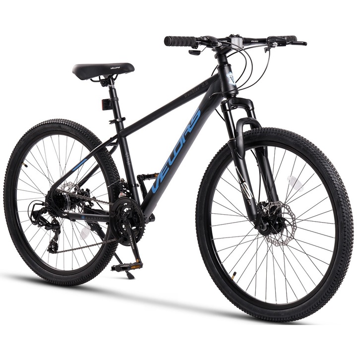 MTB велосипед с 26" колела, предно окачване, секвенциални превключватели, оборудване Shimano/SunRun, дискови спирачки, 21 скорости, черен/син, планински велосипед Velors Rambler 2.6 със стоманена рамка и интегрирани кабели