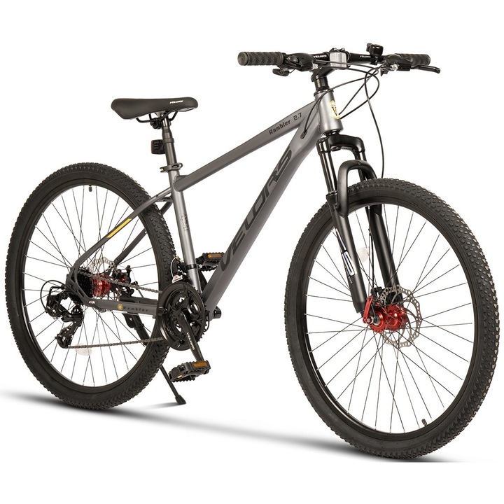 Велосипед MTB с 27 "5" колела, предно окачване, последователни лостове, оборудване Shimano/Carpat, дискови спирачки, 21 скорости, сив/черен, велур за планински велосипед Rambler 2.7 със стоманена рамка и интегрирани кабели