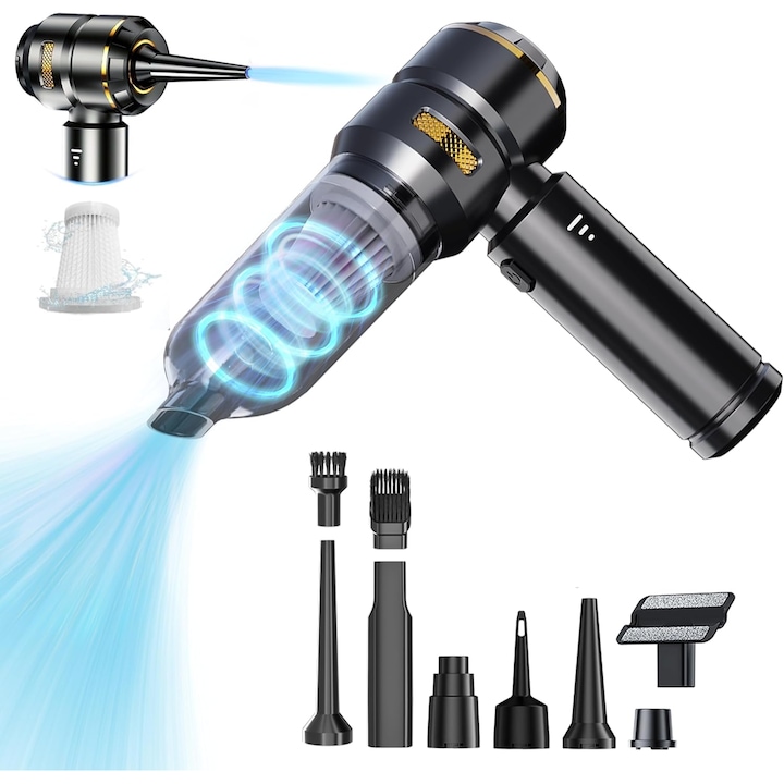 Aspirator Auto de mana portabil cu acumulator 4 in 1 Gadgetry, pentru uz casnic sau auto, putere 100W, 3 Viteze, 18000 Pa, Filtru HEPA, Functie Suflanta, Functie Aspirare, 880L/min, 110.000 rot/min, incarcare Type-C, Acumulator 6000 mAh